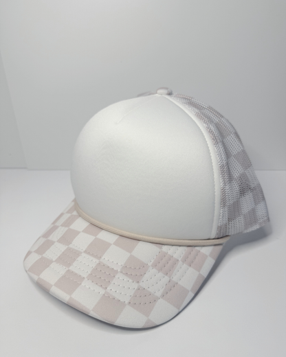 Checkered Mesh Trucker Hat – Sand & Pink