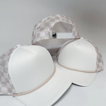 Checkered Mesh Trucker Hat – Sand & Pink