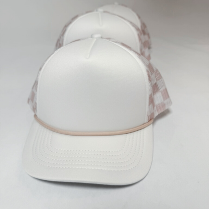 Checkered Mesh Trucker Hat – Sand & Pink