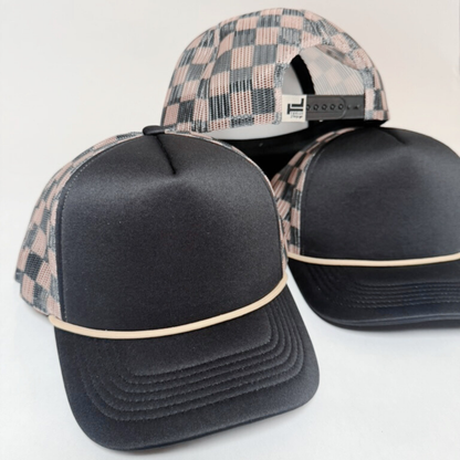 Checkered Mesh Trucker Hat – Black & Brown