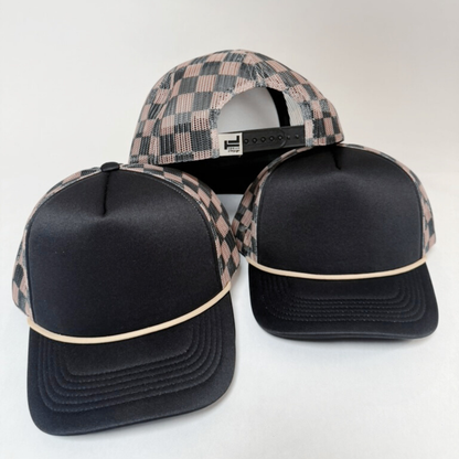 Checkered Mesh Trucker Hat – Black & Brown