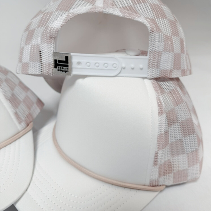Checkered Mesh Trucker Hat – Sand & Pink