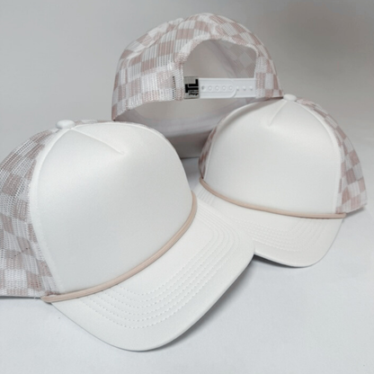 Checkered Mesh Trucker Hat – Sand & Pink