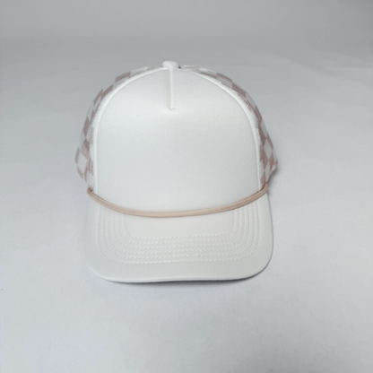 Checkered Mesh Trucker Hat – Sand & Pink