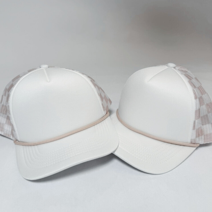 Checkered Mesh Trucker Hat – Sand & Pink