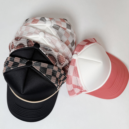 Checkered Mesh Trucker Hat – Sand & Pink